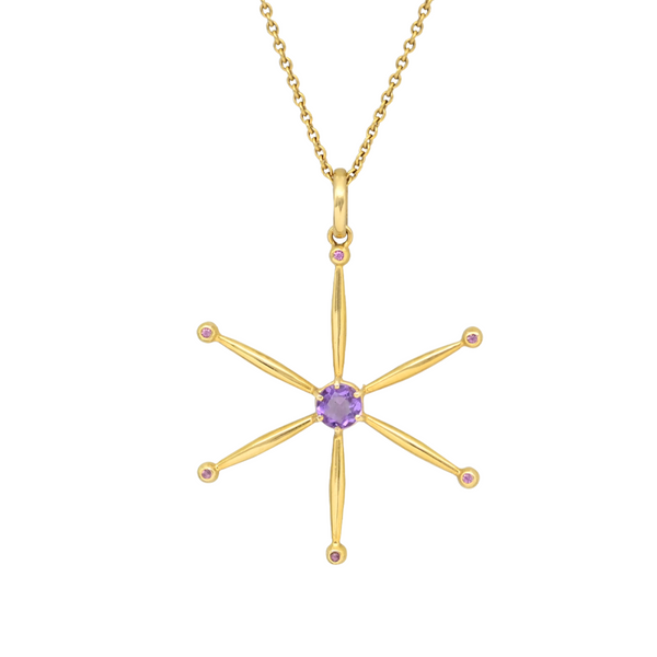 STAR PENDANT WITH AMETHYSTE AND PINK SAPPHIRE IN 18K YELLOW GOLD